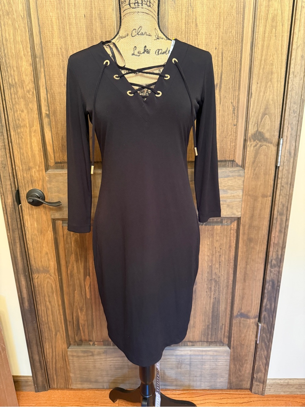 Michael Kors Black Lace-Up V-Neck Long Sleeve Women's Dress